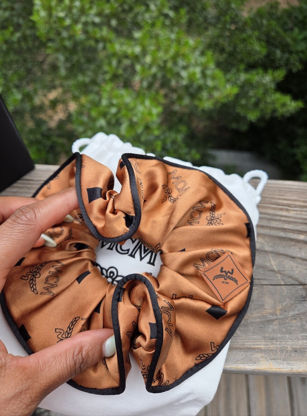 New MCM Logo Print Satin Scrunchie in Cognac